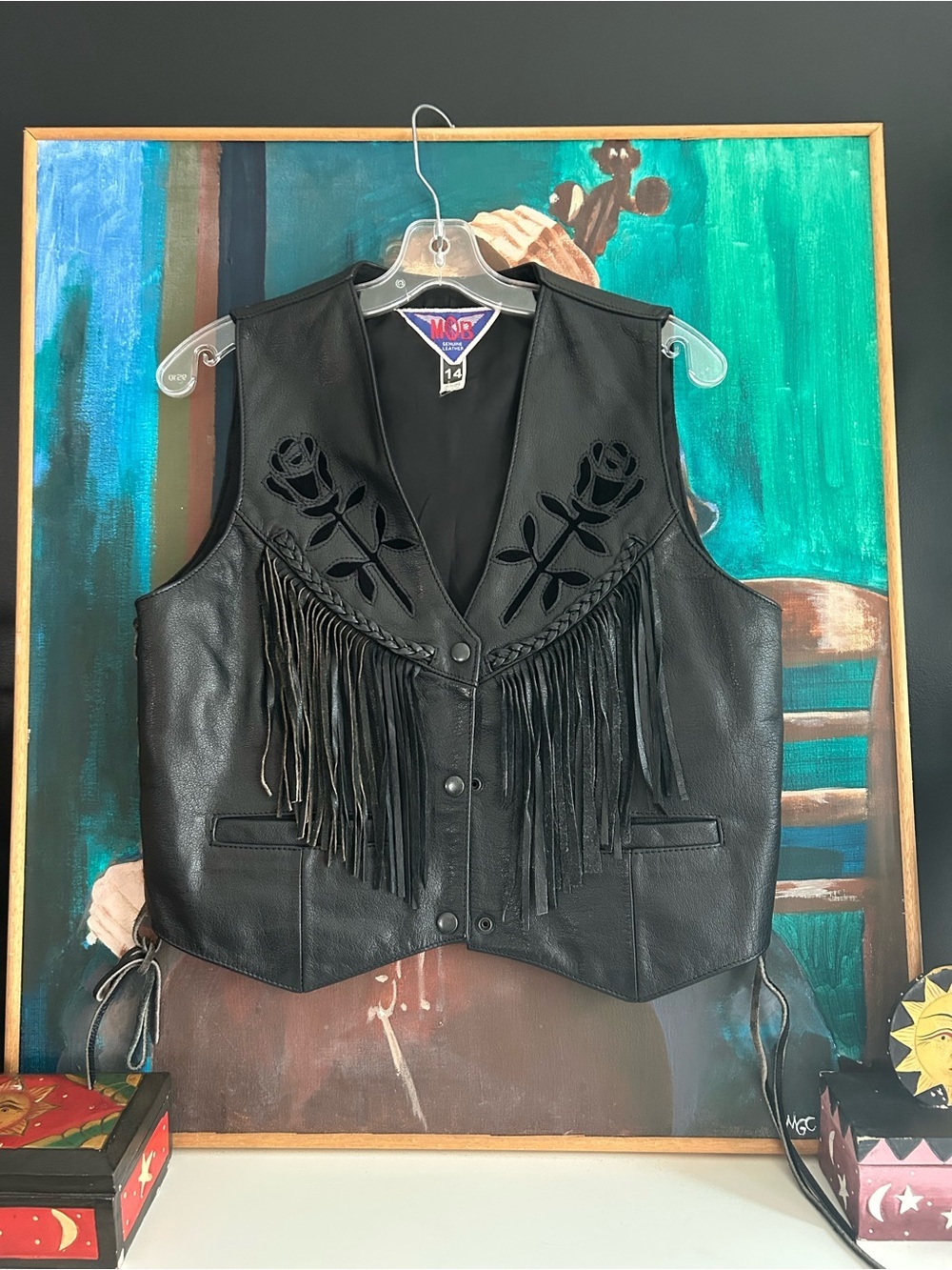 Vintage MOB Black Genuine Leather Fringe Western Vest Size 14 - Picture 6 of 16